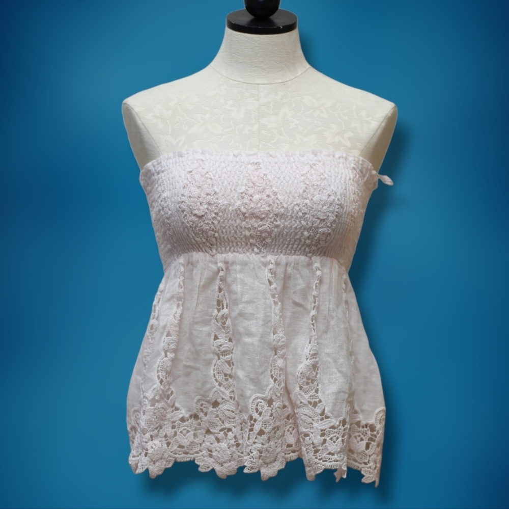 Queen Moda Positano Stella Strapless Smocked Lace Trim Women's Top Size Small
